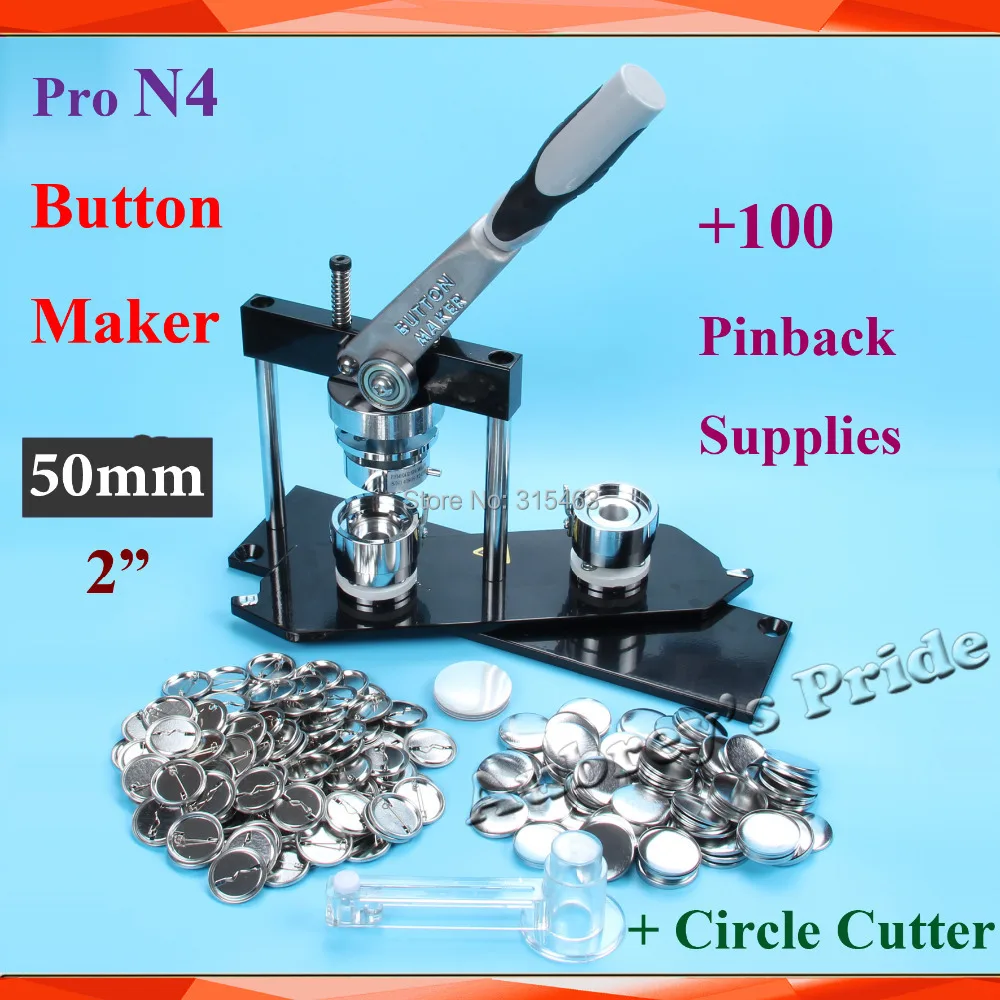 Worldwide Class N4 2" 50mm Badge Button Maker Machine +Plastic Adjustable Circle Cutter+100 Sets Metal Pinback Supply