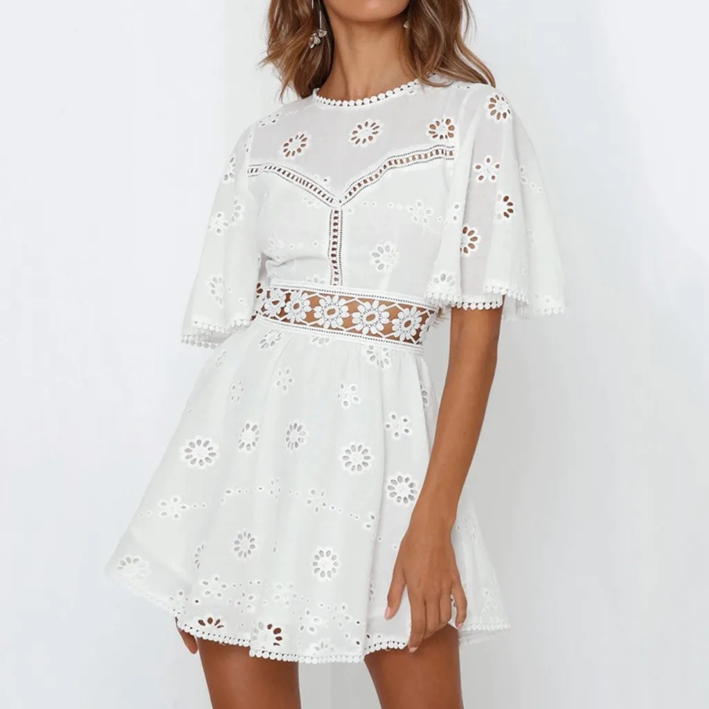 

JAYCOSIN Dress Women Lace Short Sleeve Bodycon Cocktail Party Waist lace hollow Sexy Dress Bandage A-Line party Dress robe 605