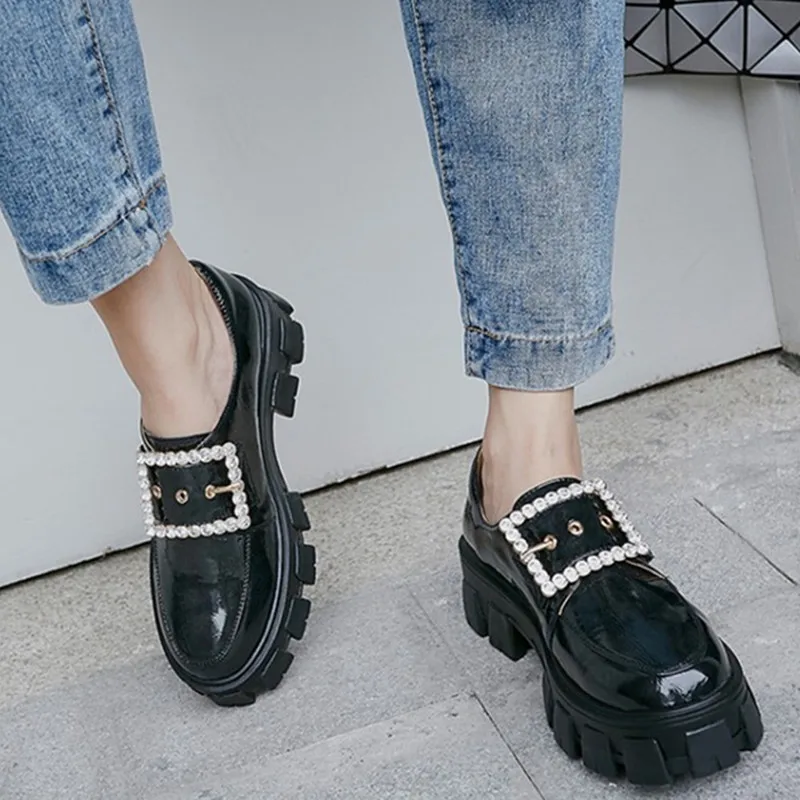 Crystal Buckle Strap Oxfords Black Shiny Leather Brogues Round Toe Thick Sole Casual Shoes Women