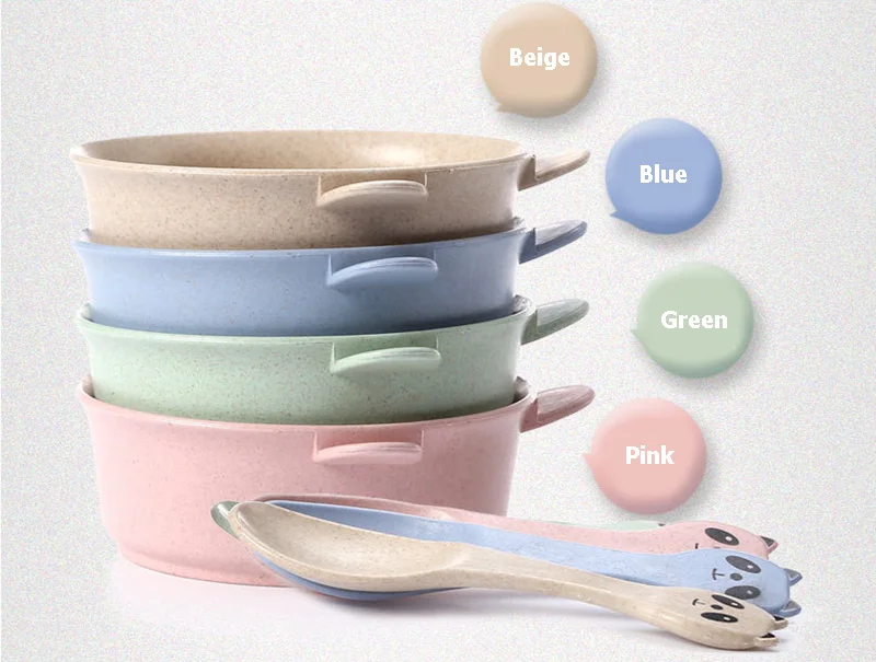 2 PcsSet Baby Feeding Food Tableware Panda Wheat Kid Dishes Eco-Friendly Children Training Dinnerware Plate Bowl Spoon BB5088 (2)