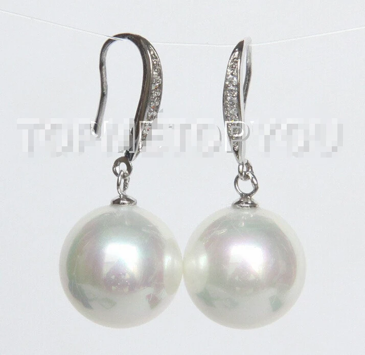 

Free shipping Dangle 14mm round white south sea shell pearl Earrings 925 silver 162