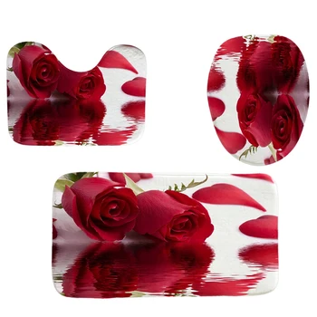 

4Pcs Home Bathroom Decor Set Bathroom Rose Pattern Toilet Seat Cover Bath Mat Set+ Waterproof Shower Curtain