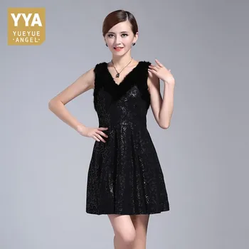 

New Autumn Winter Women Dress Fashion Mink Fur Splice Genuine Leather Dress Elegant Slim Fit Sleeveless Dress Plus Size 3XL
