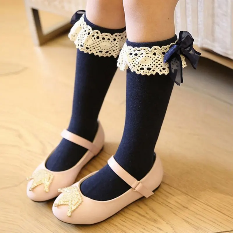 

Kids Baby Girls Knee Stocking Princess High Length Lace Bow Cotton School Stockings Leg Warmers 6 Colors