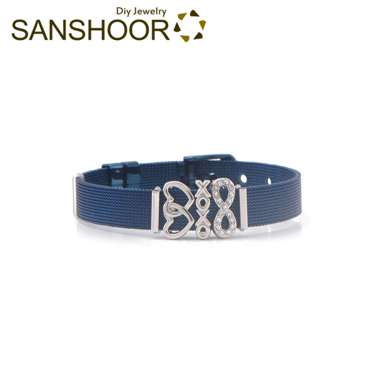 Blue Set SANSHOOR сетчатый Браслет из нержавеющей стали браслет с блокировкой сердца проложить Бесконечность XOXO Хранитель скольжения подвески для женщин Подарки 1 комплект - Окраска металла: Blue Set
