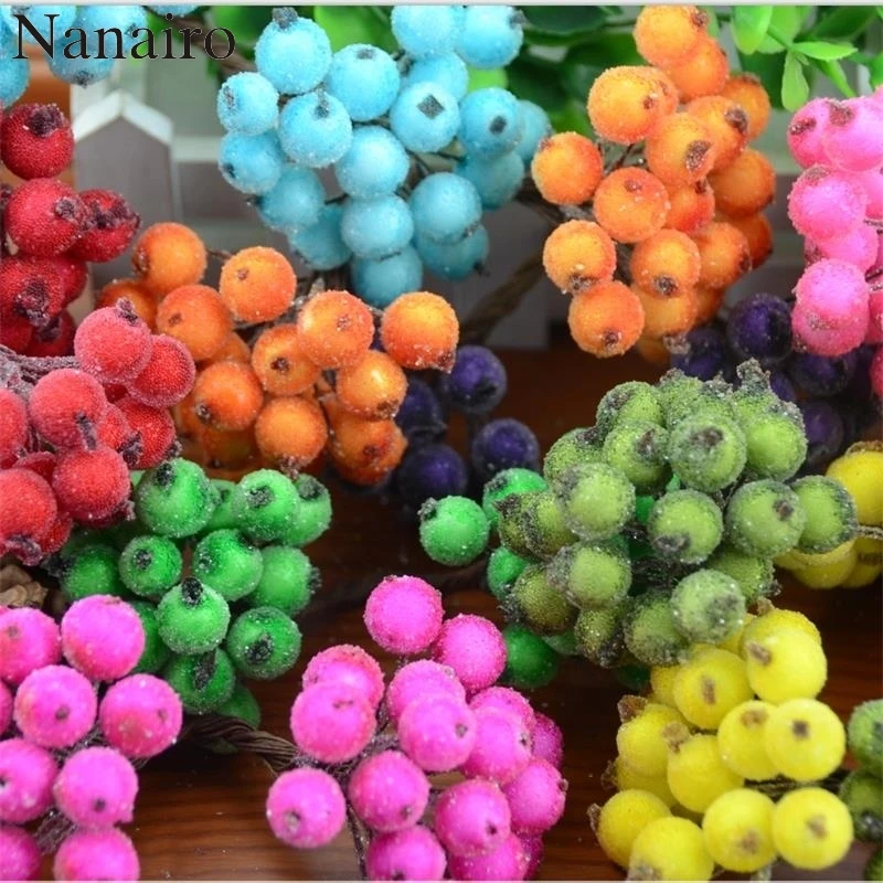 

40pcs/80heads Mini Fake Fruit Glass Berries Artificial Pomegranate Red Cherry Bouquet Stamen Christmas Decorative Double Heads