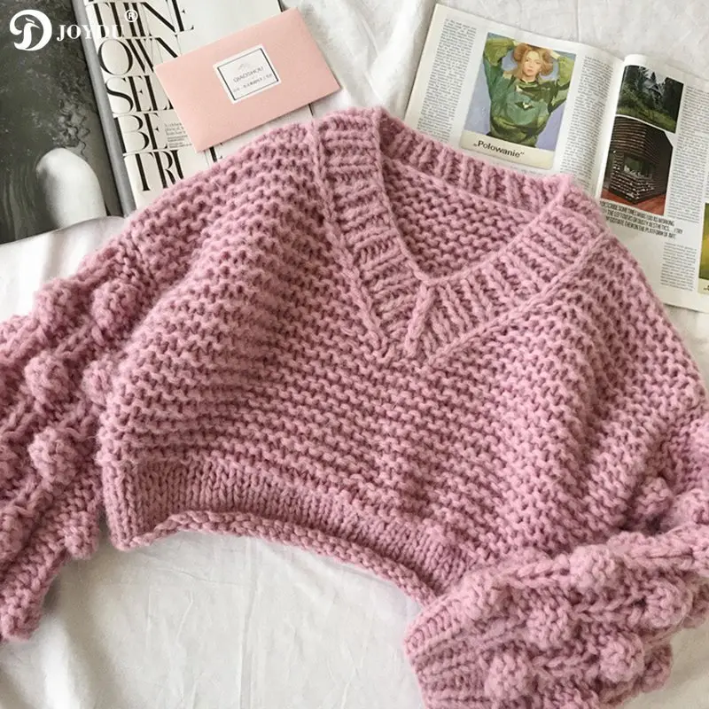 

JOYDU Oversized Handmade Hairball Soft Mohair Cropped Pullovers Women Sweater 2018 Winter Thick Needle V-neck Fashion Jumper Top