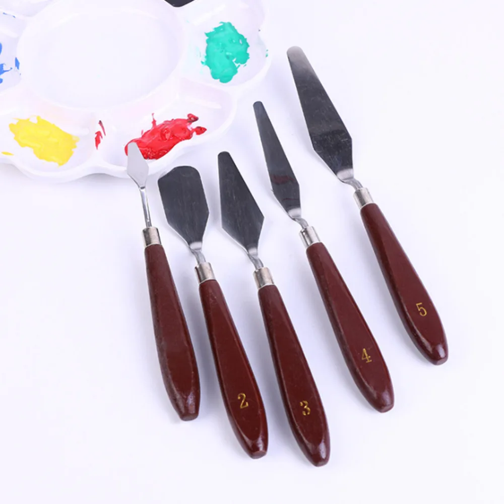 

5Pcs/set wooden Handle Oil Painting Lightweight Colour Modulation Knife Anti-slip Oil painting canvas palette paint supplies