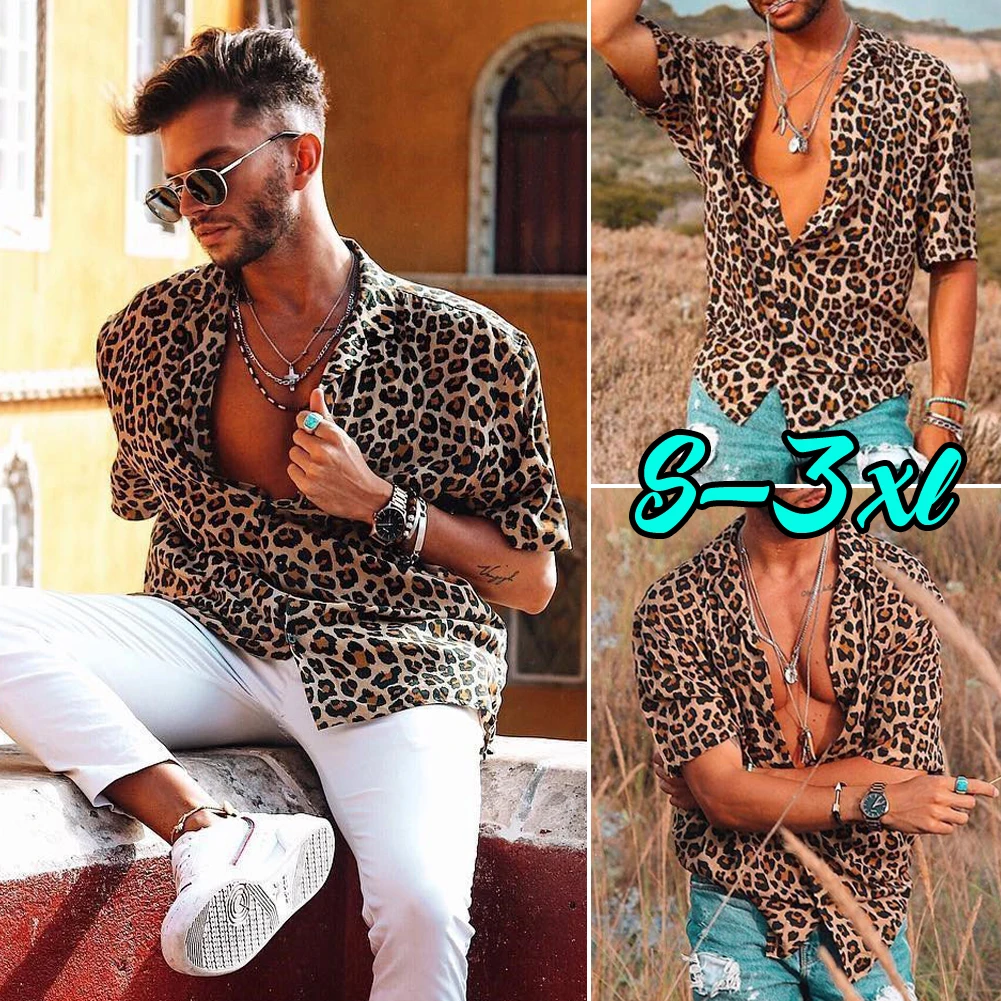 2019 новые модные мужские леопардовые рубашки с коротким рукавом летние крутые свободные праздничные повседневные рубашки с v-образным