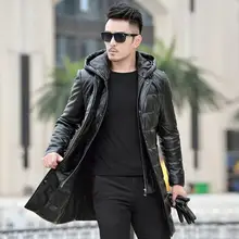 Горячая зима новая мужская брендовая кожаная одежда мужской пуховик длинный тонкий съемный капюшон толстые пальто корейское пальто с мехом Молодежные куртки
