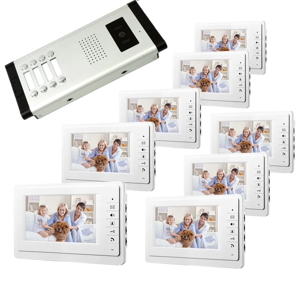 7inch video door phone intercom system for 8apartment TFT LCD screen 8 flat indoor monitor with night vision cmos outdoor camera |