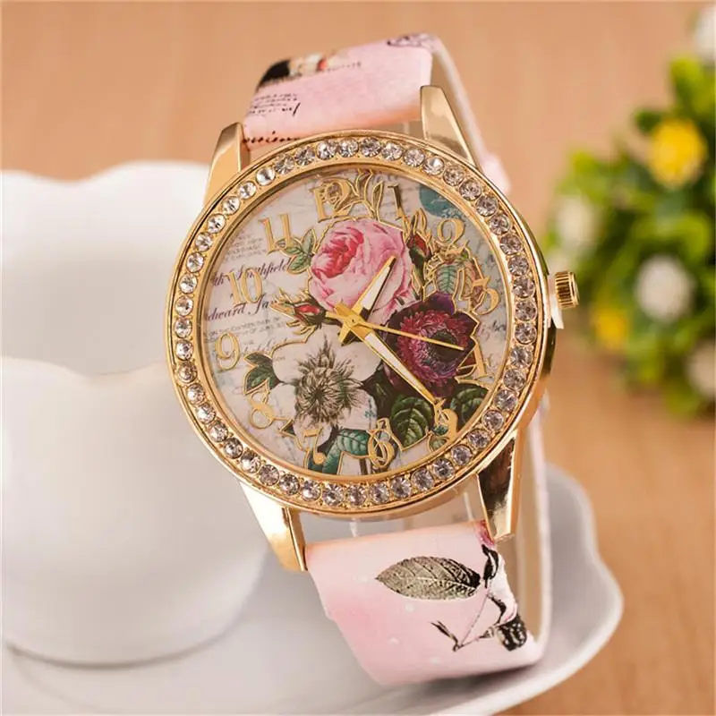 High quality Chinese Style Rose Flower Watches Women Dress PU Leather stylish Analog Quartz