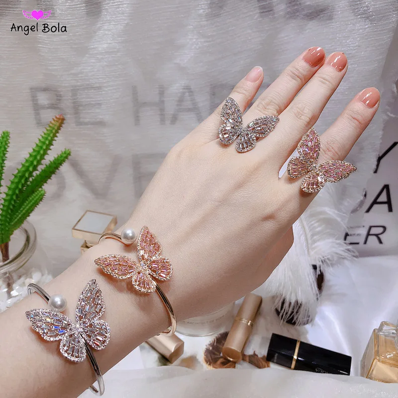 

Female Open Bangle Bracelet Sweety Cubic Zircon Cuff Bangles Elegant CZ Butterfly OL Pearl Bangle for Women Costume Jewelry Gift