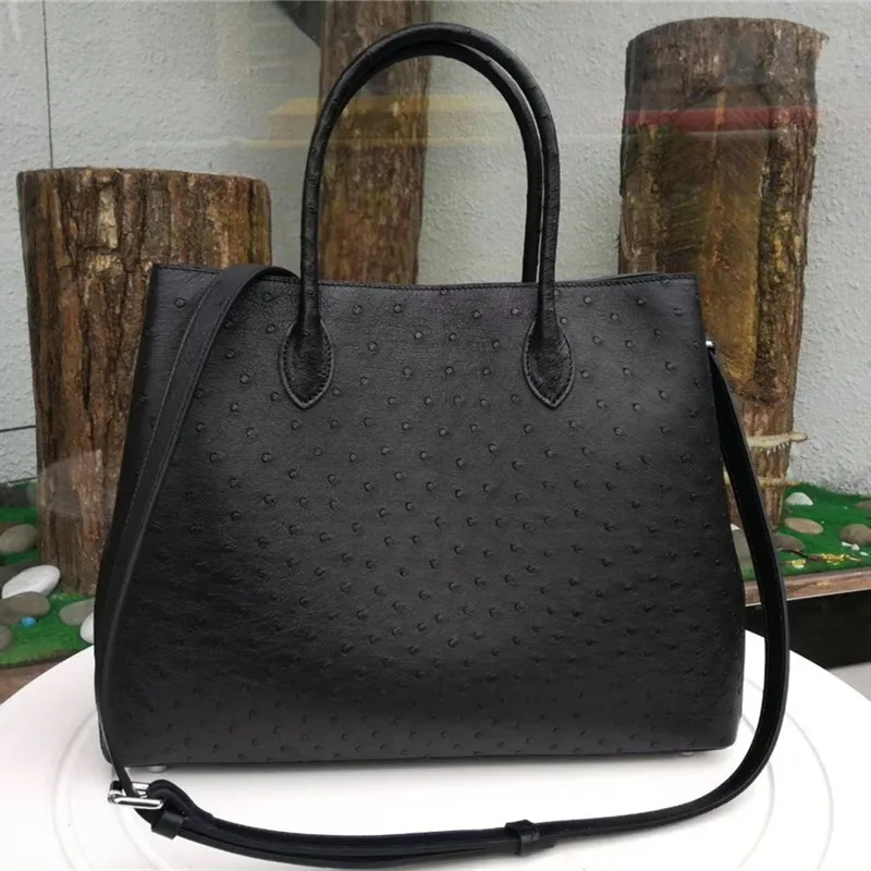 Classical Women's Large Black Totes Genuine Ostrich Skin Zipper Closure Female Handbag OL Lady
