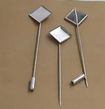 

200sets Fit 12mm square cabochon blank setting base long brooch lapel pin diy 75mm long hat pin brooch lapel pin