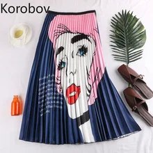 Korobov уличная длинная юбка для женщин мультфильм персонаж плиссированные юбки с принтом Kawaii линия корейский Harajuku атласная юбка 77952