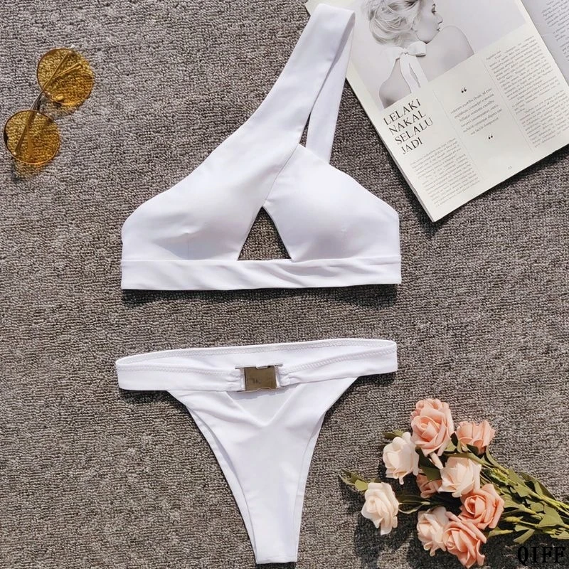 

Dropshipping Sexy Two Piece Bikini Set One Off The Shoulder Swimsuit Triangle Bathing Suit With Quick Release Buckle APR28