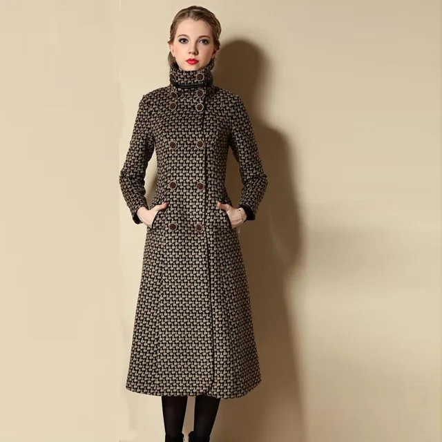 Elegant Brown Plaid Women Wool Coats Trench Women Winter