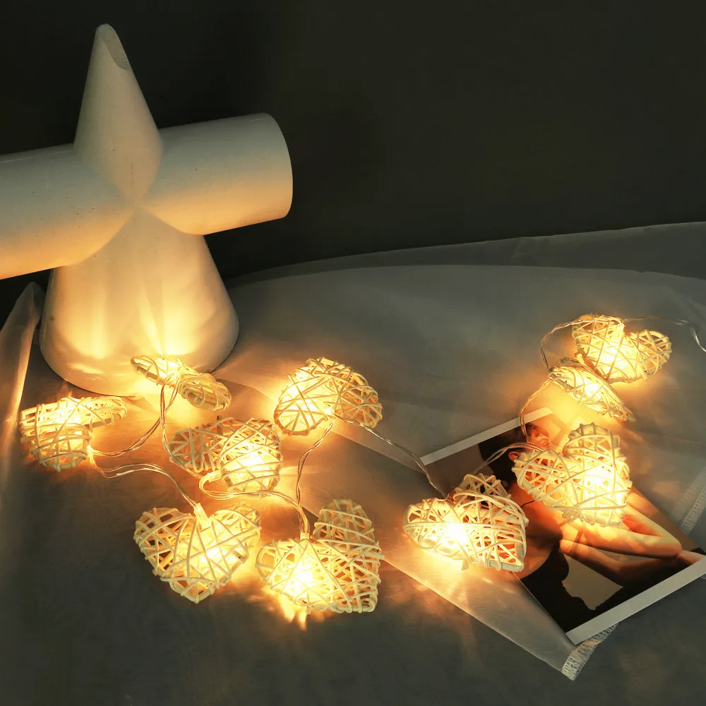 Сказочный Рождественский светодиодный светильник 1,1 м, 10 светодиодов, питание от батареи, ротанговое сердце, украшение для дома на Рождество, Год, свадьбу, день рождения