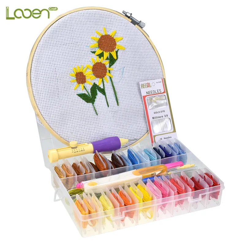 

Looen Embroidery Punch Pen Needle Set with Patterns 32pcs Embroidery Threads Scissors Sewing Accessories For Women Starter Kit