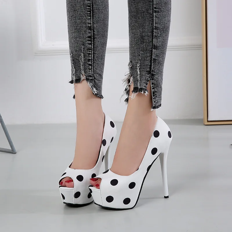 New Platform High Heel Polka Dot Sweet Silk Satin Shallow Mouth Fish Mouth Single Shoes Women Shoes Offwhite Shoes High Heels