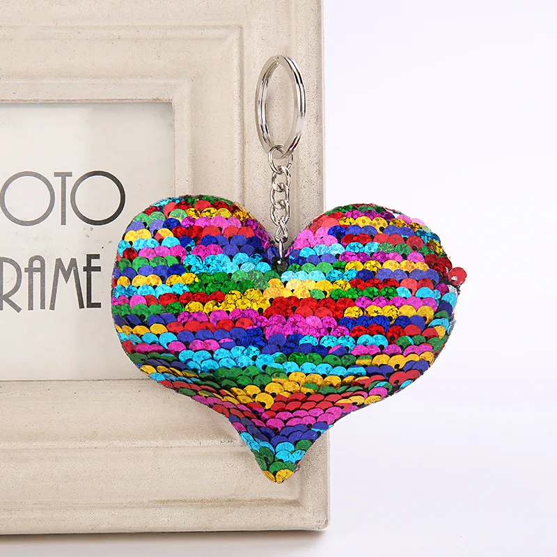 

2019 Love Anime Pompom Keychain Glitter Cartoon Reflective Heart Keychain Jewelry Heart Key Chain Gifts Women Car Bag Pendant