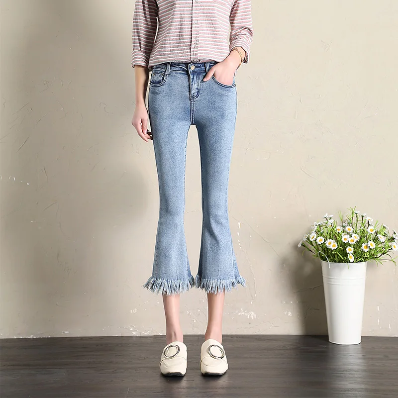 Высокая талия ковбойские штаны летние эластичные кисточкой джинсы Flare Штаны Большие размеры