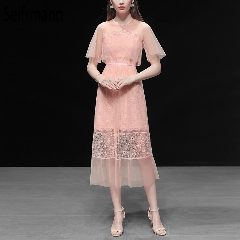 

Seifrmann Women Spring Summer Dress Runway Fashion Designer Flare Sleeve Lace Hollow Out Mesh Overlay Elegant Party Pink Dresses