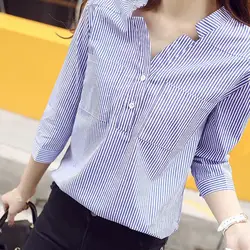 Для женщин полосатая блуза рубашка женские свободные Blusas Femme осень Повседневное женские офисные блузки Топ S-XL