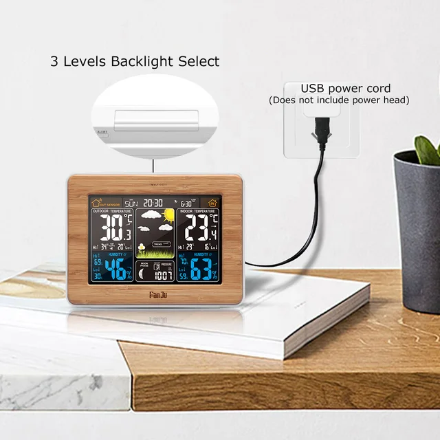FanJu fj3365 Weather Station Color Digital Clock Temperature Humidity Sensor Barometer Forecast Desk Table LED Alarm Clock