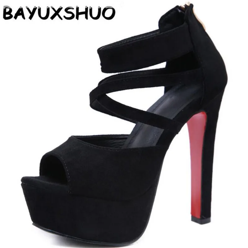 

BAYUXSHUO Roman Style High Heel Sandals Solid Color Cross Strap Stiletto Heels Summer Women Shoes Waterproof Platform Sandals