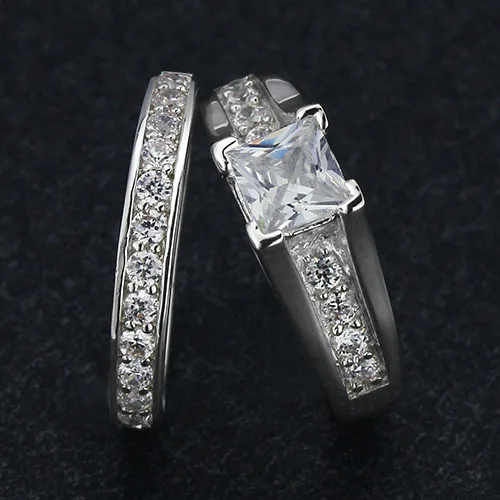 Genuine 925 Sterling Silver Wedding Engagement His Her Wedding Ring Sets 2pcs (JewelOra Ri100499)