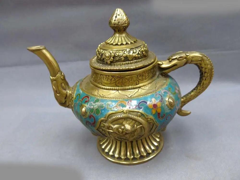 

8" China bronze gild blue Cloisonne carved finely dragon Teapot sculpture Statue