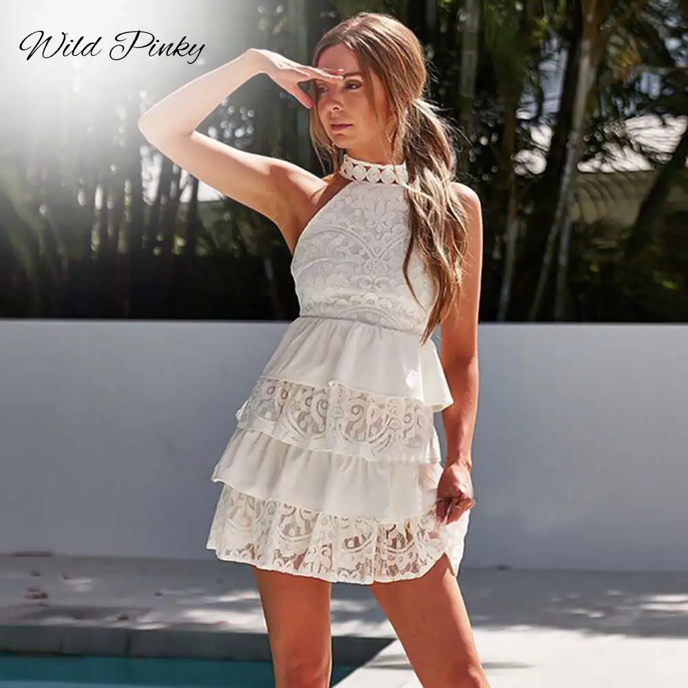 

WildPinky Women Mini Dress Summer White Elegant Hollow Out Party Sexy Club Halter Sleeveless Ruffles Lace Cake Dress Vestidos