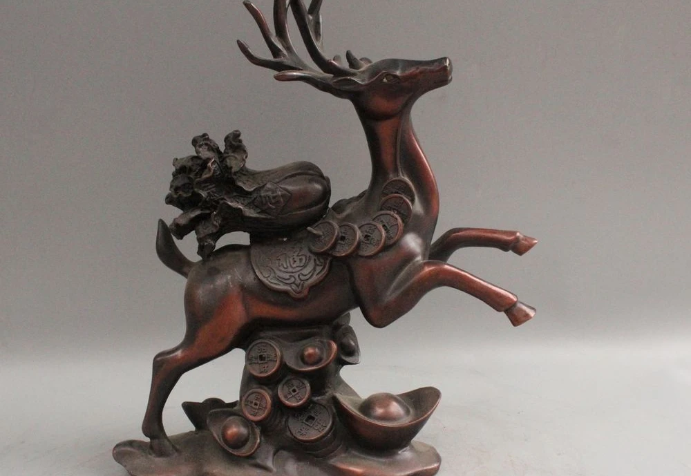 

11" China Folk Bronze Fu Money Wealth Spotted Deer Cabbage longevity Statue