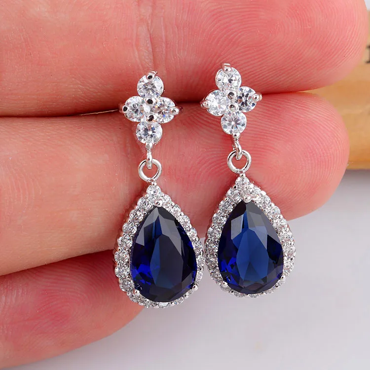 Роскошное женское ожерелье с каплевидными кристаллами серьги 925 серебро цвет зеленый синий серьги с красным Цирконом Бохо Кристалл Длинные висячие серьги