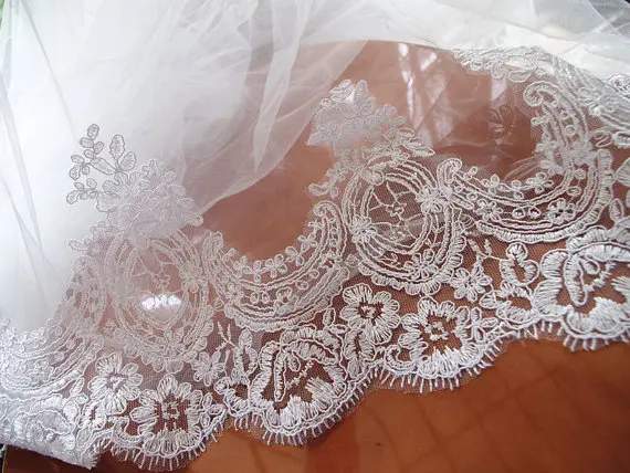 

white alencon lace trim for bridal veil, cord lace trimming, lace border CG063