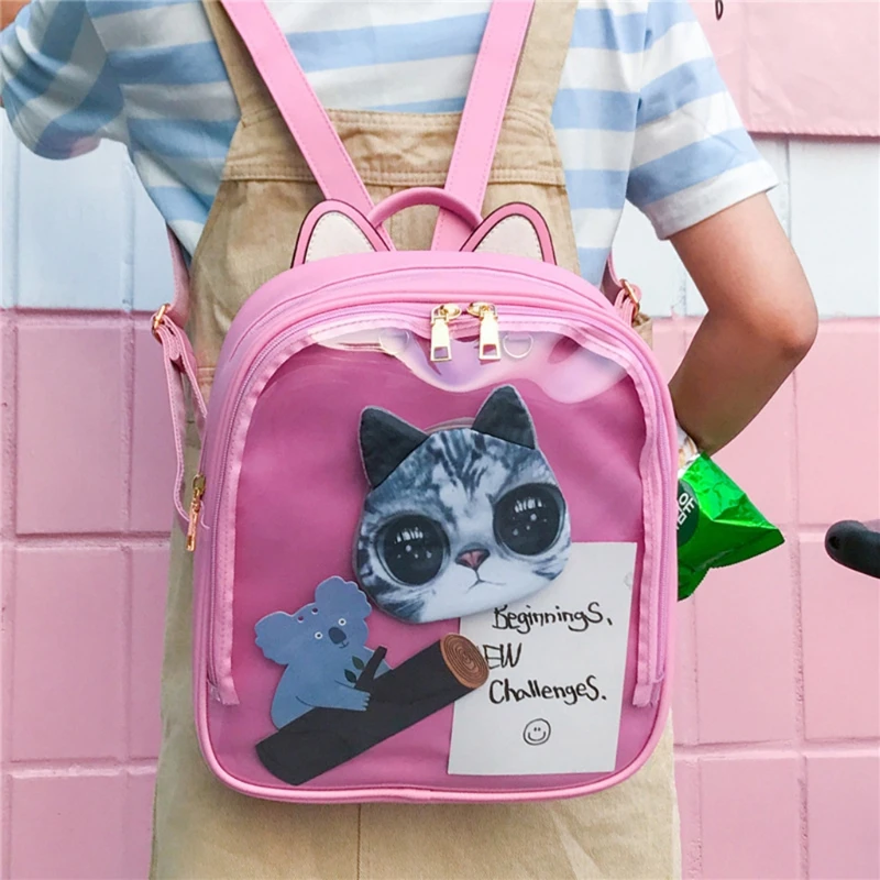 

Transparent backpack backpack Women Girl Backpack 910A Cute Ear Transparent Rucksack Travel Shoulder School Bag