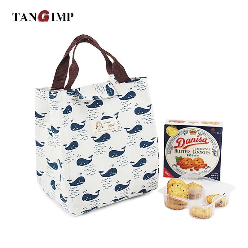 

TANGIMP Cotton Linen Lunch Bags Cute Insulated Lunch Handbag Reusable Lunch Box Soft Bento Cooling Bag Bear Whale Printed Totes