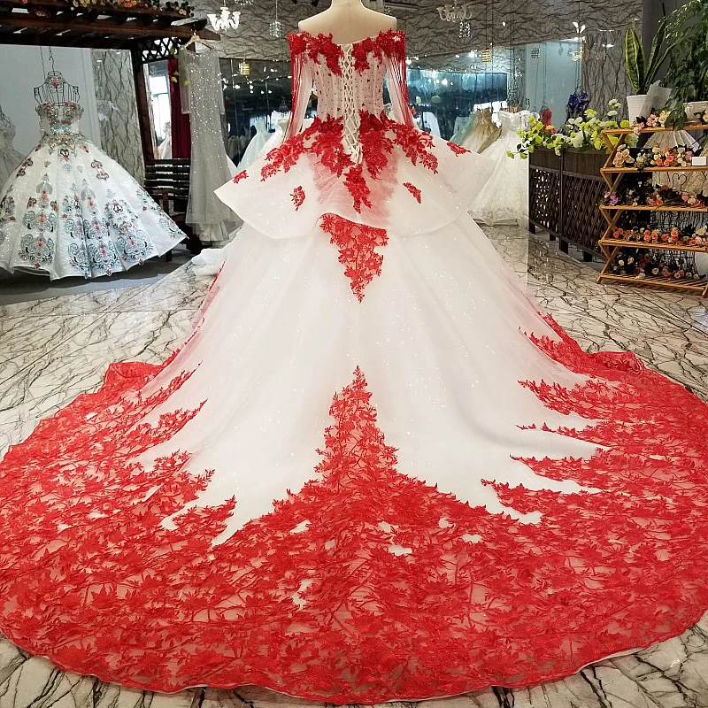 AXJFU белое кружевное платье принцессы с красным цветком, плетеный бисером, винтажное свадебное платье, роскошное длинное свадебное платье с жемчугом 05410