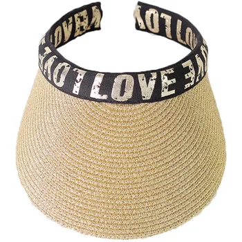 

Women's Topless Shiny Straw Sun Visors with Printing letter Long headband visor Summer Face Cover Cap Beach Shovel Sun Hat Lady