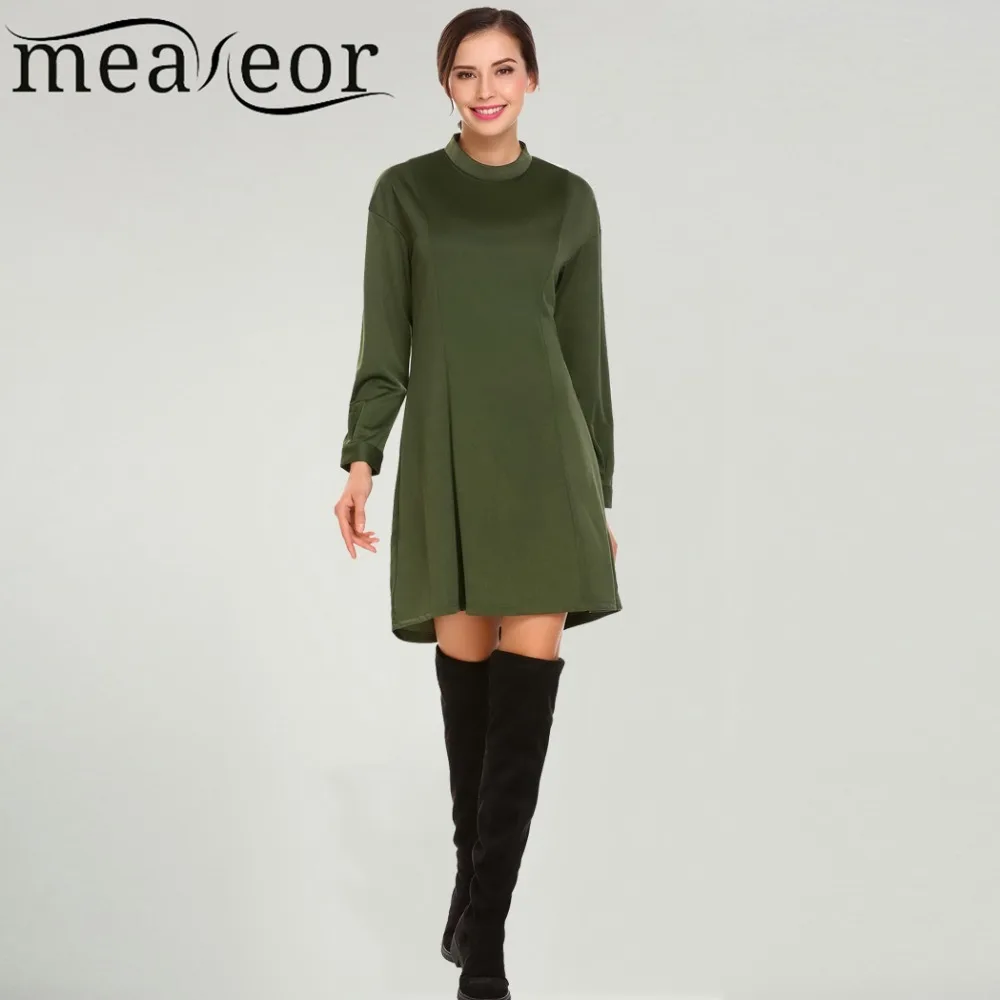 

Meaneor Women Casual Dress 2018 Spring New Arrival Stand Collar Long Sleeve Back Zipper Solid Loose Feminino Dresses