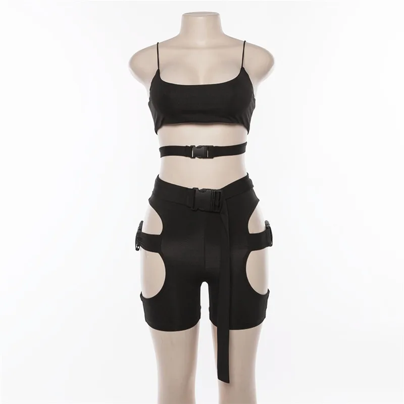 FCCEXIO 2019 New Sexy Solid Color Women 2 PCS Sets Cropped Sling Tank Tops Waist Hollow Out Skinny Shorts Fashion Fitness Set FCCEXIO 2019 New Sexy Solid Color Women 2 PCS Sets Cropped Sling Tank Tops Waist Hollow Out Skinny Shorts Fashion Fitness Set