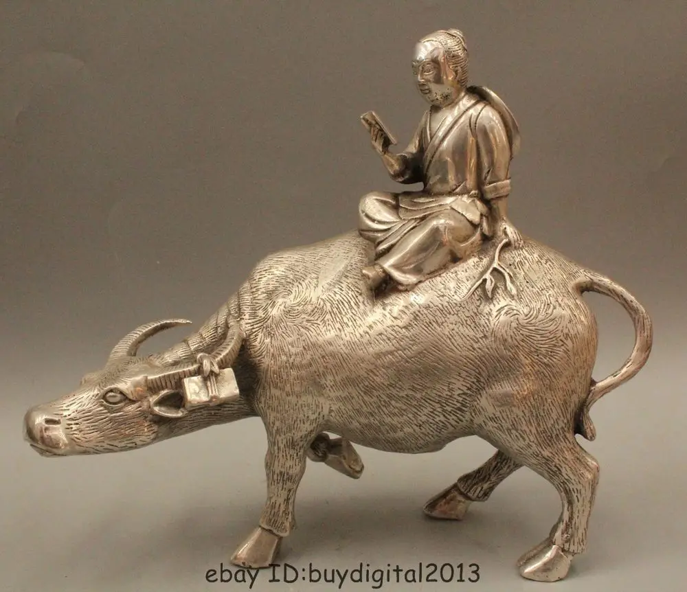 

DS 10" Lucky Chinese Fengshui Tibet Silver Boy Ride Zodiac Year Cowboy Bull Oxen