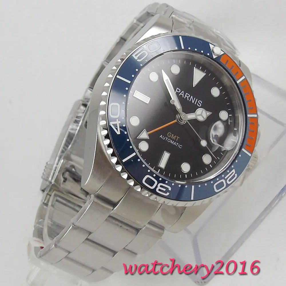  40mm parnis Black Dial Sapphire Glass GMT Rotating Ceramic Bezel Luminous marks Date Top Brand mech