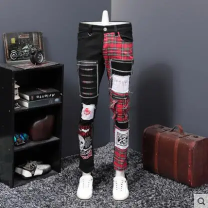 

2019 Men's gothic non-mainstream skull print doodle personality straight gas hole punk pants singer costumes trousers 27-40