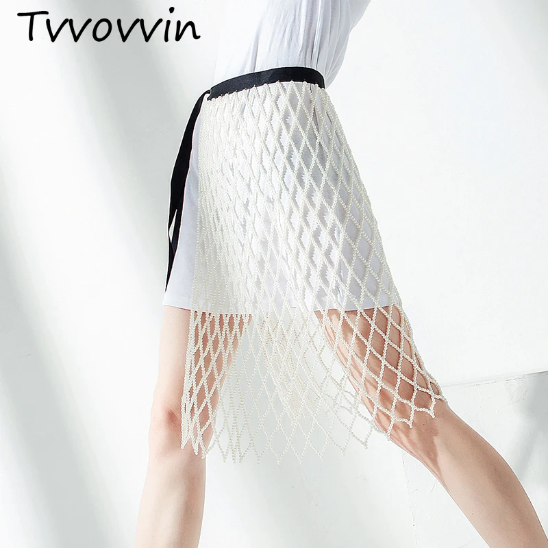

TVVOVVIN 2019 New Spring Summer High Waist Ribbon Split Joint Pearl Split Joint Hollow Out Half-body Skirt Women Fashion V341