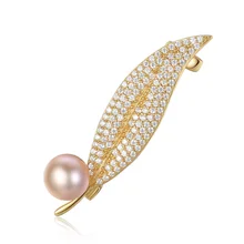 High Quality Exquisite Zircon Pave Leaf Shape Natural Pearl S925 Sterling Silver Women Brooches Christmas Gift