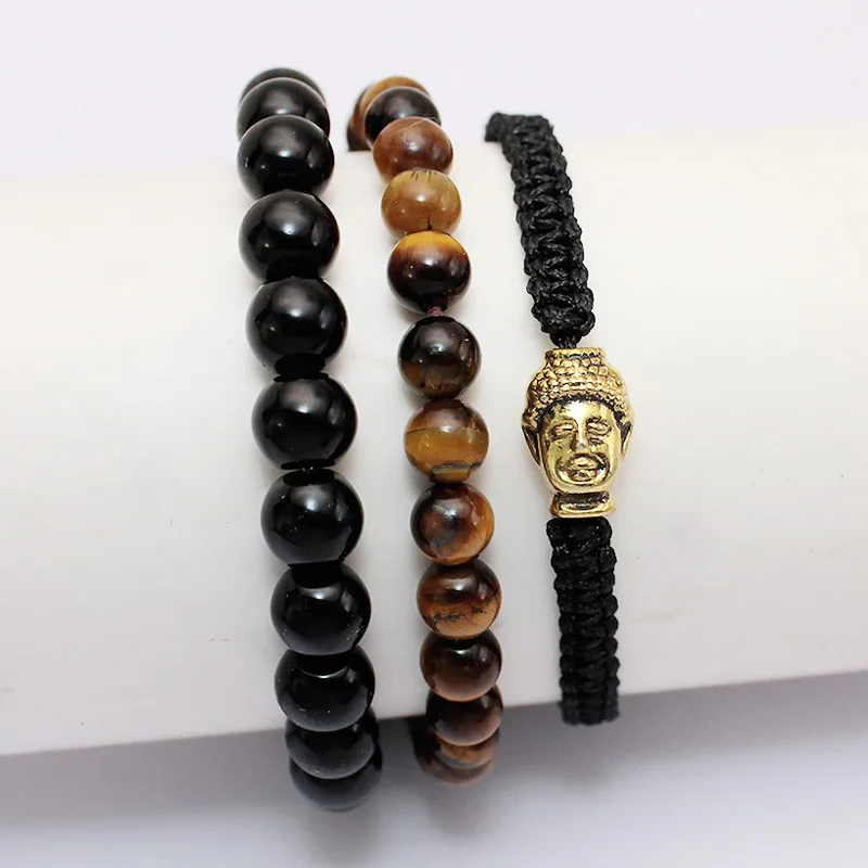 

Noter Mens Bracelet Set Antique Gold Color Buddha Braslet Unisex Couple Brazalete Natural Big Obsidian Beaded Braclet Tiger Eye