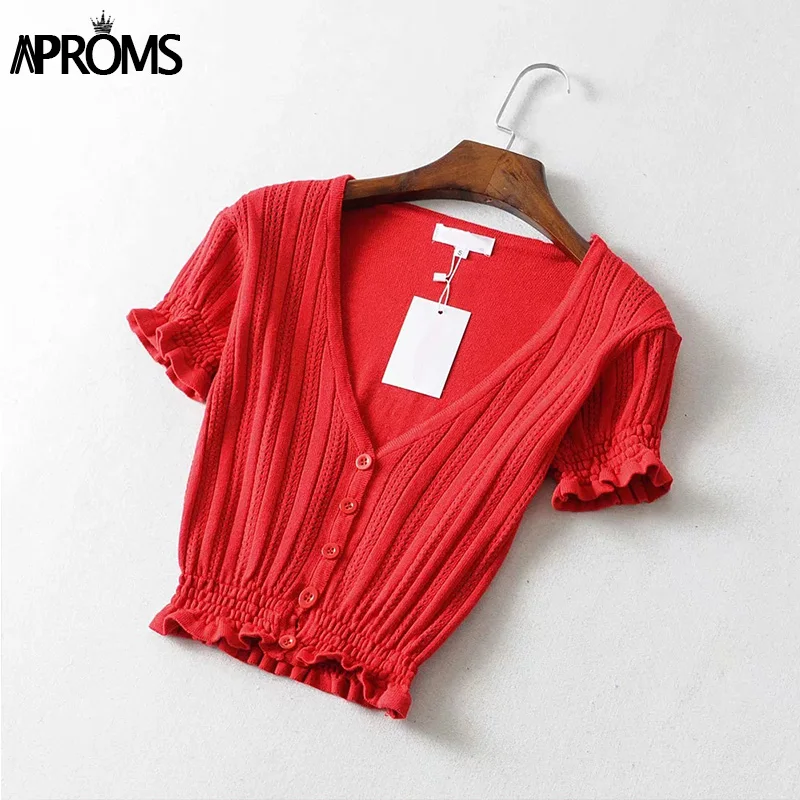 Aproms, элегантная, v-образная горловина, ребристая, Вязанная, укороченная блузка, рубашка, женская, с оборками, короткий рукав, кардиган с пуговицами, женский, облегающий, кроп-топ